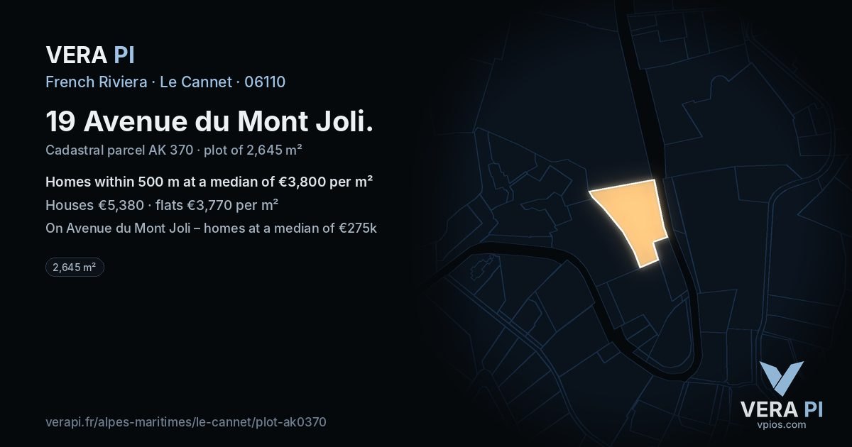 19 Avenue du Mont Joli, Le Cannet at night – the plot lit, the parcels around coloured by the prices near them