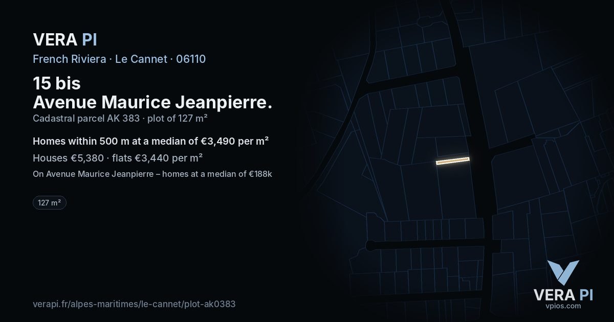 15 bis Avenue Maurice Jeanpierre, Le Cannet at night – the plot lit, the parcels around coloured by the prices near them