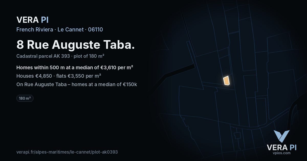 8 Rue Auguste Taba, Le Cannet at night – the plot lit, the parcels around coloured by the prices near them