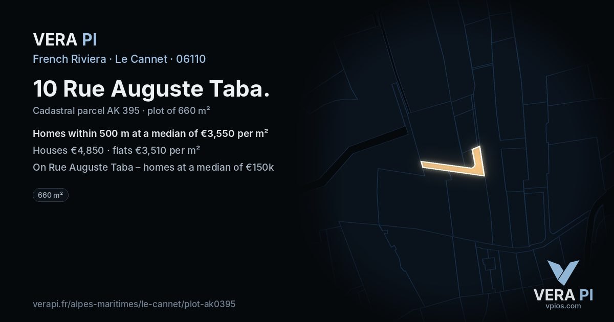 10 Rue Auguste Taba, Le Cannet at night – the plot lit, the parcels around coloured by the prices near them