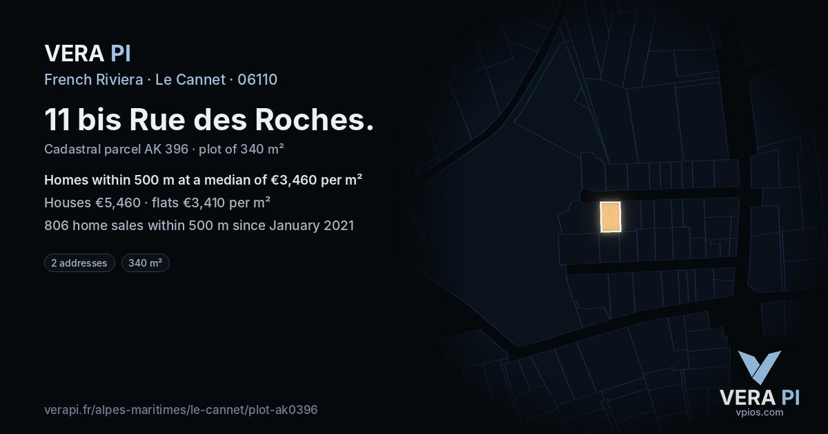 11 bis Rue des Roches, Le Cannet at night – the plot lit, the parcels around coloured by the prices near them