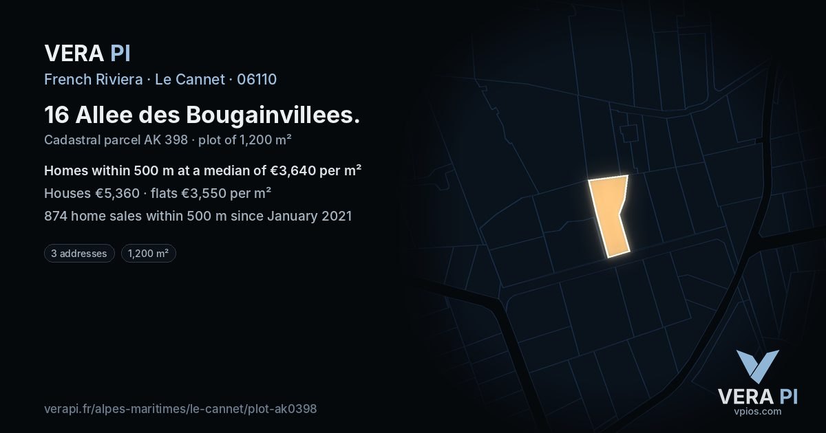 16 Allee des Bougainvillees, Le Cannet at night – the plot lit, the parcels around coloured by the prices near them
