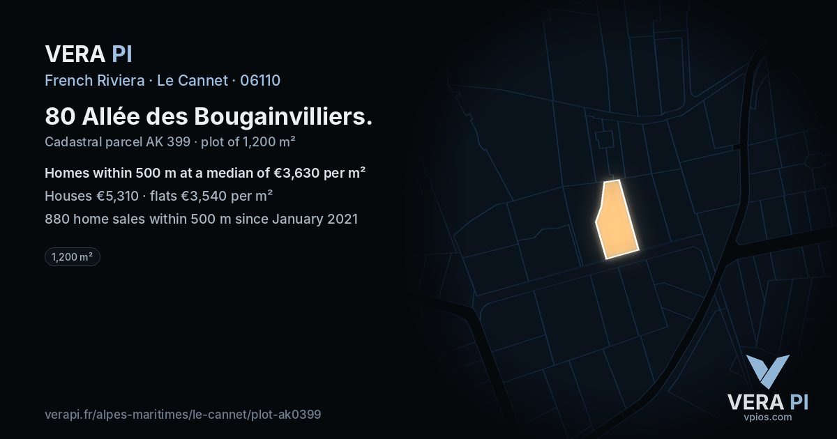 80 Allée des Bougainvilliers, Le Cannet at night – the plot lit, the parcels around coloured by the prices near them