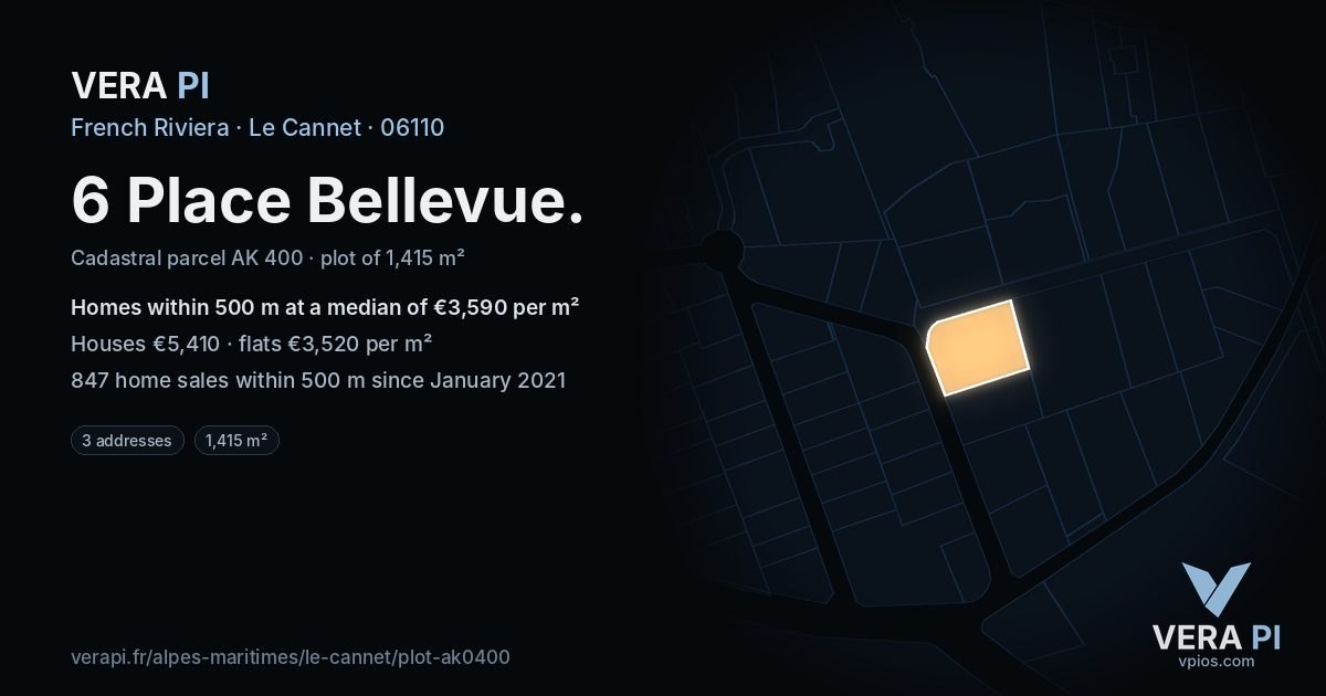 6 Place Bellevue, Le Cannet at night – the plot lit, the parcels around coloured by the prices near them