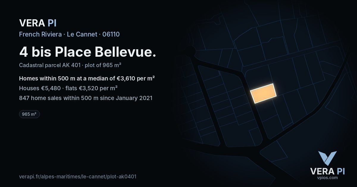 4 bis Place Bellevue, Le Cannet at night – the plot lit, the parcels around coloured by the prices near them
