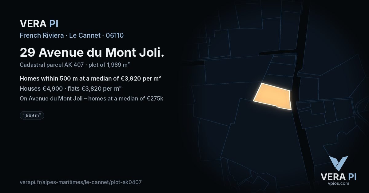 29 Avenue du Mont Joli, Le Cannet at night – the plot lit, the parcels around coloured by the prices near them