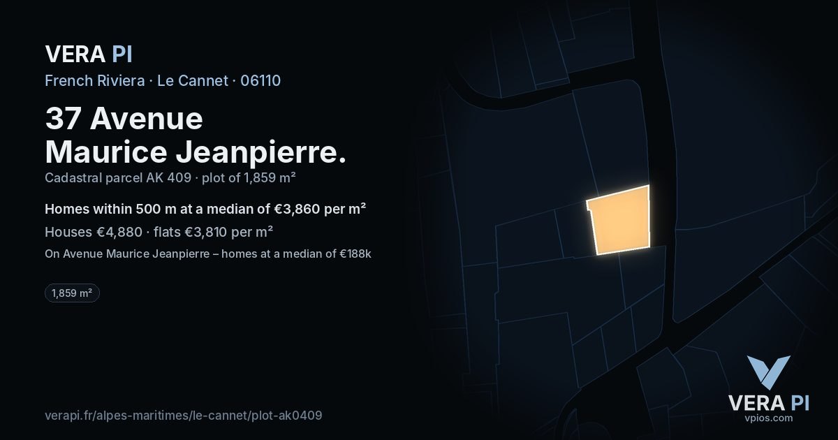 37 Avenue Maurice Jeanpierre, Le Cannet at night – the plot lit, the parcels around coloured by the prices near them
