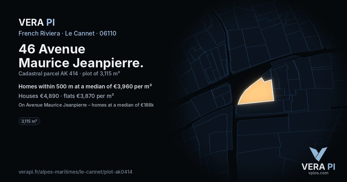 46 Avenue Maurice Jeanpierre, Le Cannet at night – the plot lit, the parcels around coloured by the prices near them