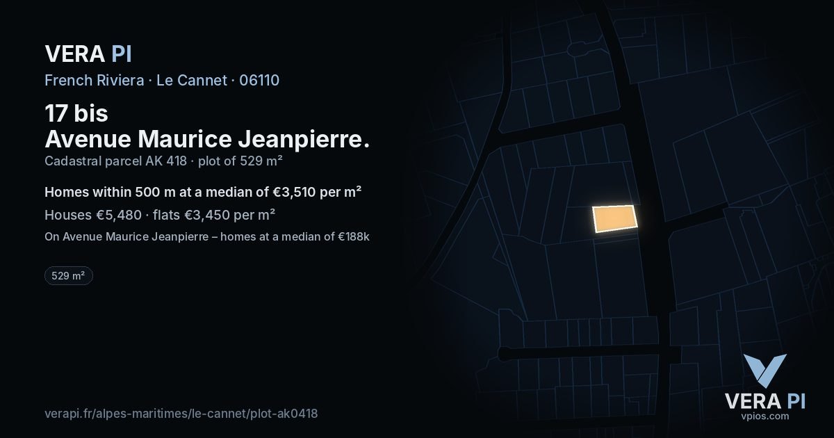 17 bis Avenue Maurice Jeanpierre, Le Cannet at night – the plot lit, the parcels around coloured by the prices near them