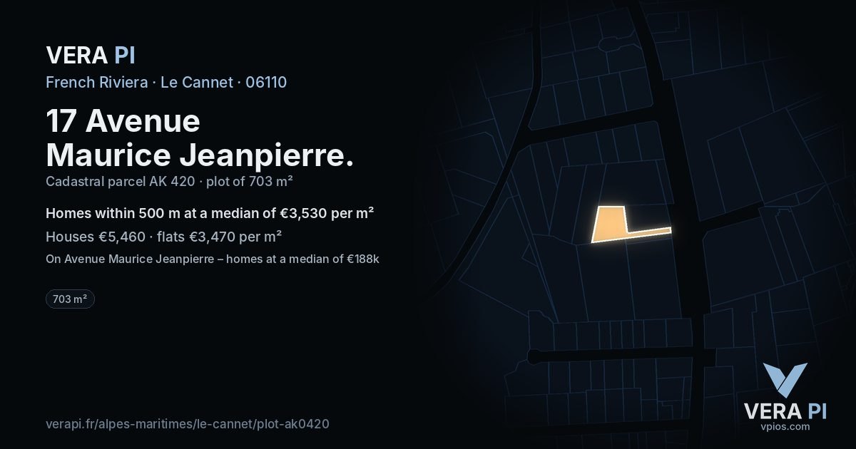 17 Avenue Maurice Jeanpierre, Le Cannet at night – the plot lit, the parcels around coloured by the prices near them