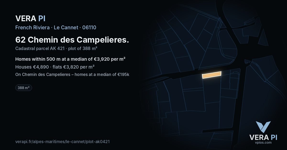 62 Chemin des Campelieres, Le Cannet at night – the plot lit, the parcels around coloured by the prices near them