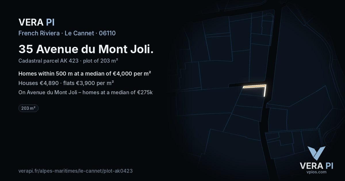 35 Avenue du Mont Joli, Le Cannet at night – the plot lit, the parcels around coloured by the prices near them