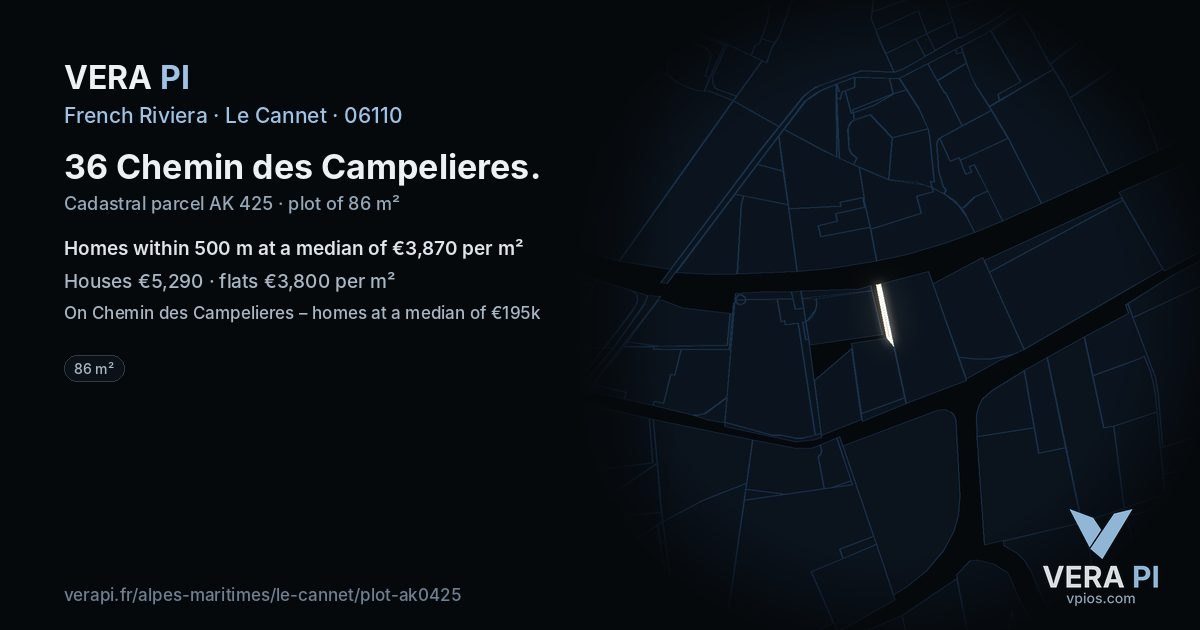 36 Chemin des Campelieres, Le Cannet at night – the plot lit, the parcels around coloured by the prices near them