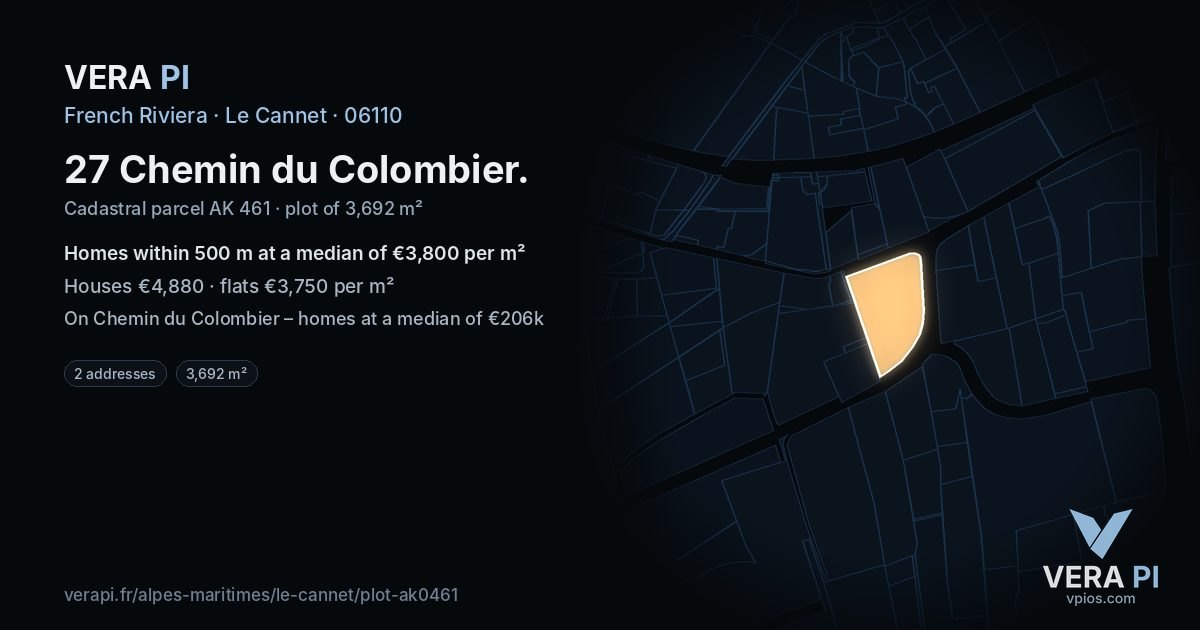 27 Chemin du Colombier, Le Cannet at night – the plot lit, the parcels around coloured by the prices near them