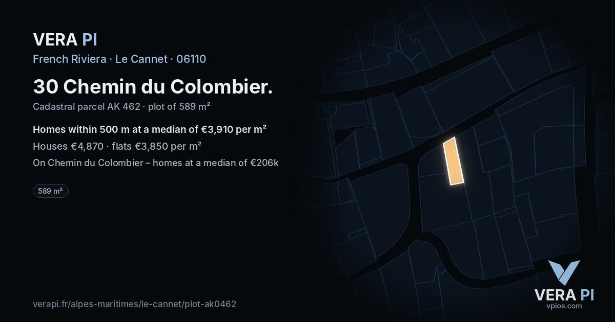 30 Chemin du Colombier, Le Cannet at night – the plot lit, the parcels around coloured by the prices near them