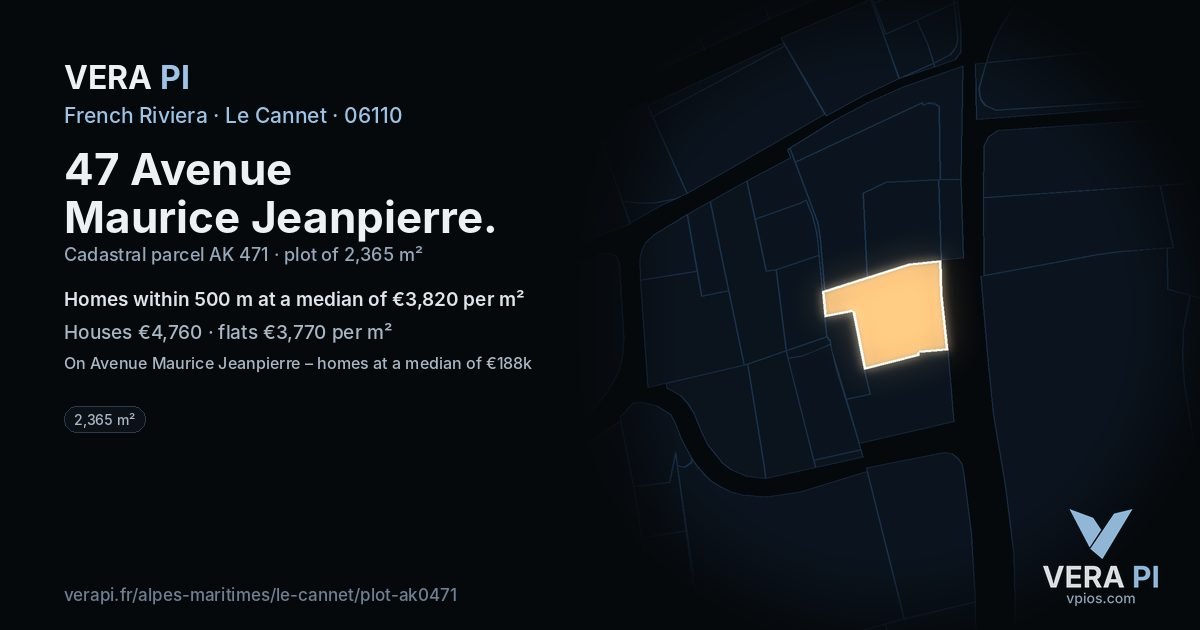 47 Avenue Maurice Jeanpierre, Le Cannet at night – the plot lit, the parcels around coloured by the prices near them
