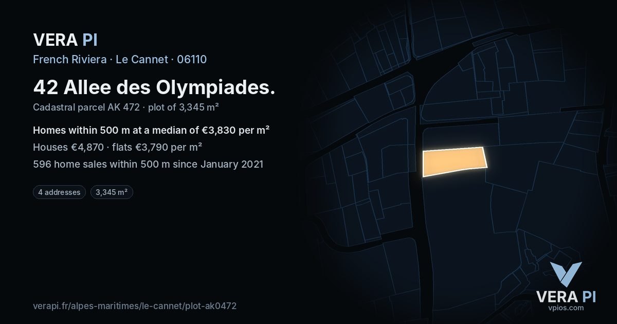 42 Allee des Olympiades, Le Cannet at night – the plot lit, the parcels around coloured by the prices near them