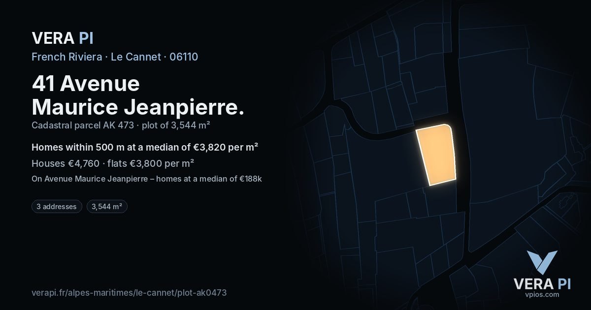 41 Avenue Maurice Jeanpierre, Le Cannet at night – the plot lit, the parcels around coloured by the prices near them