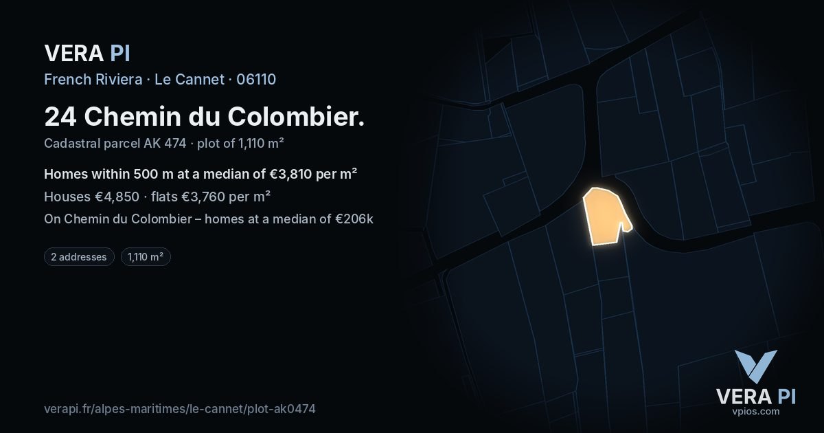 24 Chemin du Colombier, Le Cannet at night – the plot lit, the parcels around coloured by the prices near them