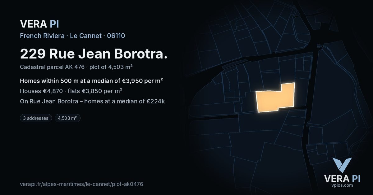 229 Rue Jean Borotra, Le Cannet at night – the plot lit, the parcels around coloured by the prices near them