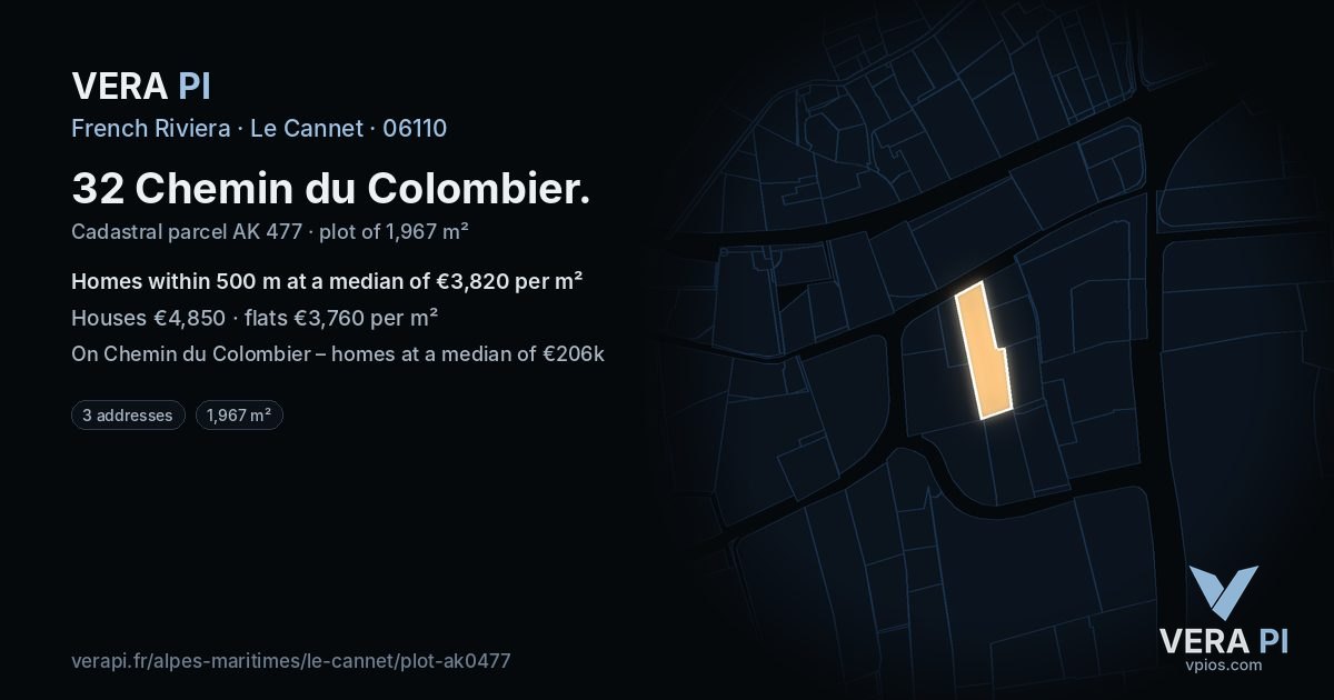 32 Chemin du Colombier, Le Cannet at night – the plot lit, the parcels around coloured by the prices near them