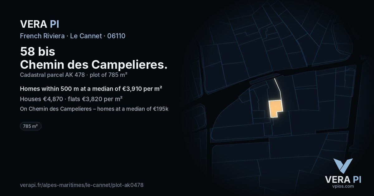 58 bis Chemin des Campelieres, Le Cannet at night – the plot lit, the parcels around coloured by the prices near them