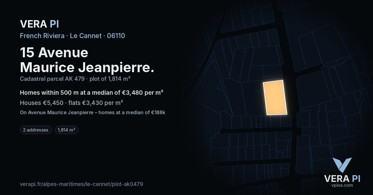 15 Avenue Maurice Jeanpierre, Le Cannet at night – the plot lit, the parcels around coloured by the prices near them