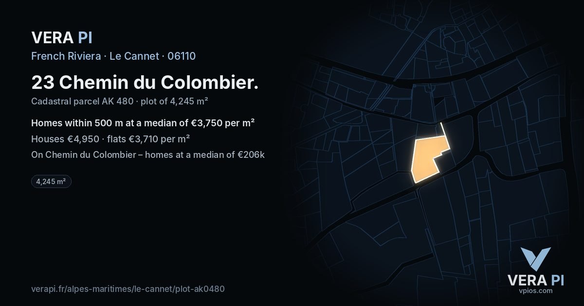 23 Chemin du Colombier, Le Cannet at night – the plot lit, the parcels around coloured by the prices near them