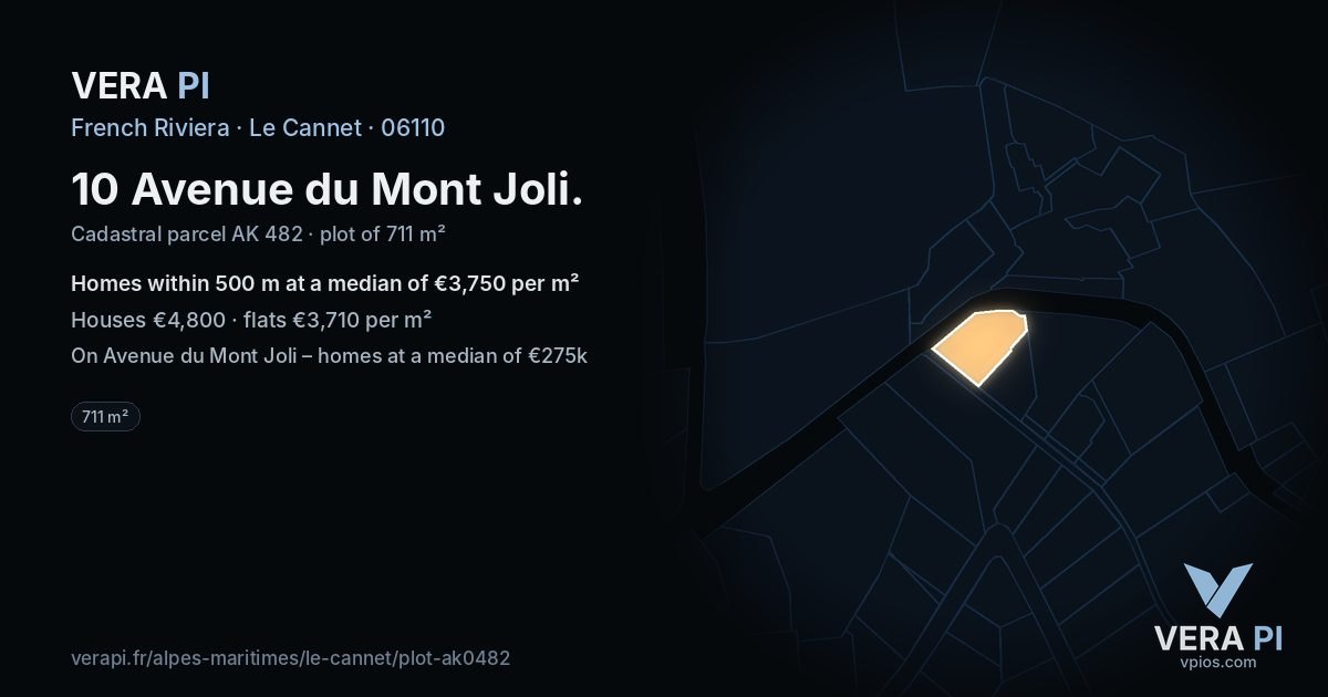 10 Avenue du Mont Joli, Le Cannet at night – the plot lit, the parcels around coloured by the prices near them