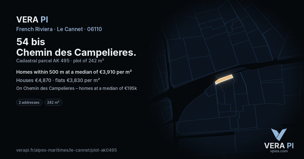 54 bis Chemin des Campelieres, Le Cannet at night – the plot lit, the parcels around coloured by the prices near them