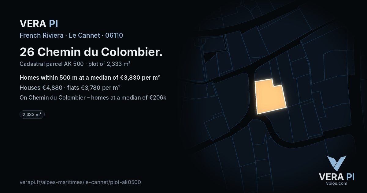26 Chemin du Colombier, Le Cannet at night – the plot lit, the parcels around coloured by the prices near them