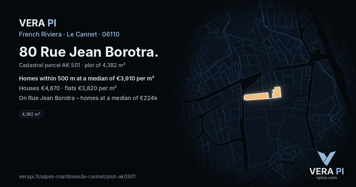 80 Rue Jean Borotra, Le Cannet at night – the plot lit, the parcels around coloured by the prices near them