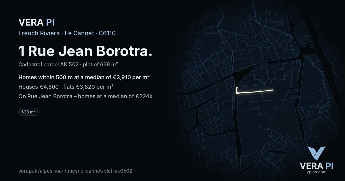 1 Rue Jean Borotra, Le Cannet at night – the plot lit, the parcels around coloured by the prices near them