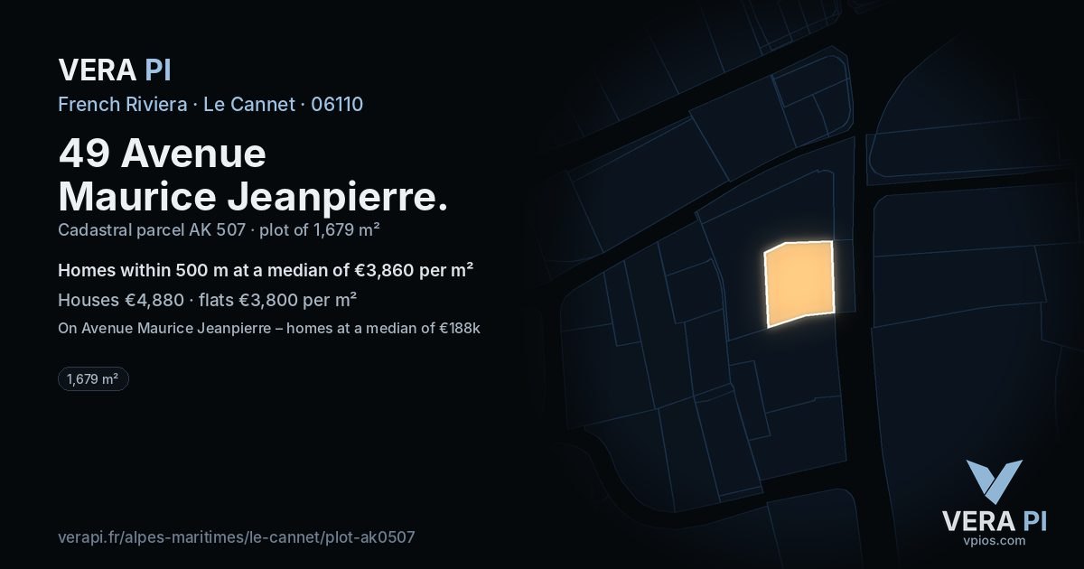 49 Avenue Maurice Jeanpierre, Le Cannet at night – the plot lit, the parcels around coloured by the prices near them