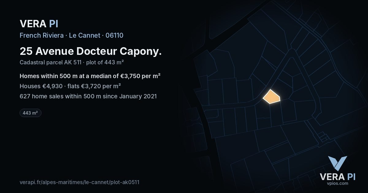 25 Avenue Docteur Capony, Le Cannet at night – the plot lit, the parcels around coloured by the prices near them