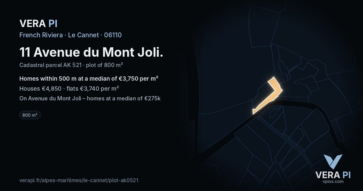 11 Avenue du Mont Joli, Le Cannet at night – the plot lit, the parcels around coloured by the prices near them