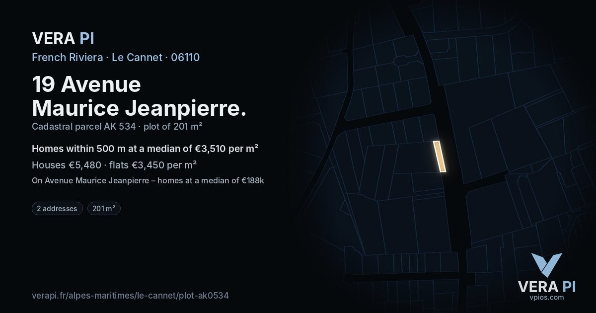 19 Avenue Maurice Jeanpierre, Le Cannet at night – the plot lit, the parcels around coloured by the prices near them