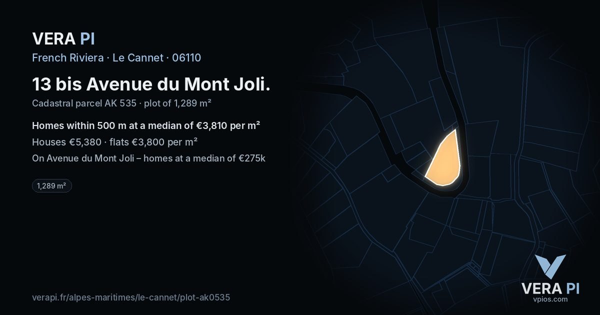 13 bis Avenue du Mont Joli, Le Cannet at night – the plot lit, the parcels around coloured by the prices near them