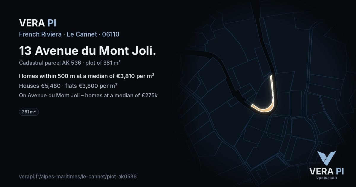 13 Avenue du Mont Joli, Le Cannet at night – the plot lit, the parcels around coloured by the prices near them