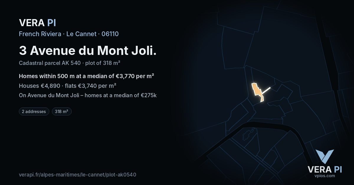 3 Avenue du Mont Joli, Le Cannet at night – the plot lit, the parcels around coloured by the prices near them