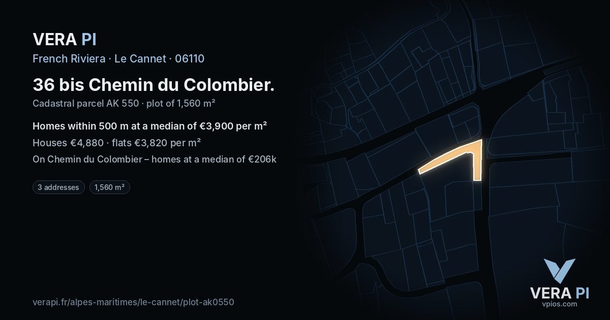 36 bis Chemin du Colombier, Le Cannet at night – the plot lit, the parcels around coloured by the prices near them