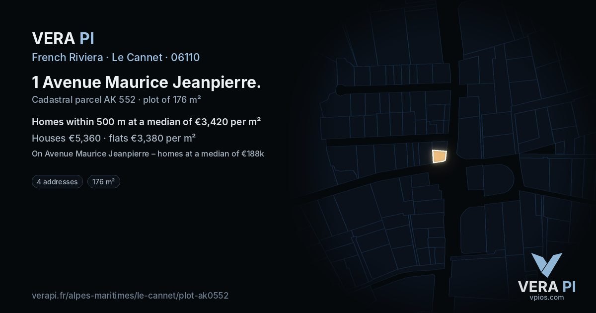 1 Avenue Maurice Jeanpierre, Le Cannet at night – the plot lit, the parcels around coloured by the prices near them