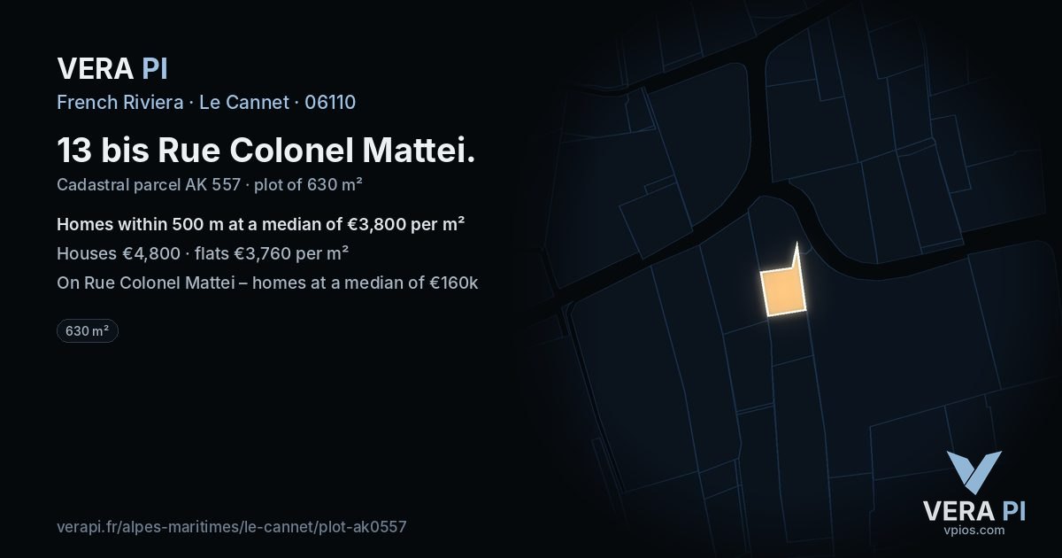 13 bis Rue Colonel Mattei, Le Cannet at night – the plot lit, the parcels around coloured by the prices near them