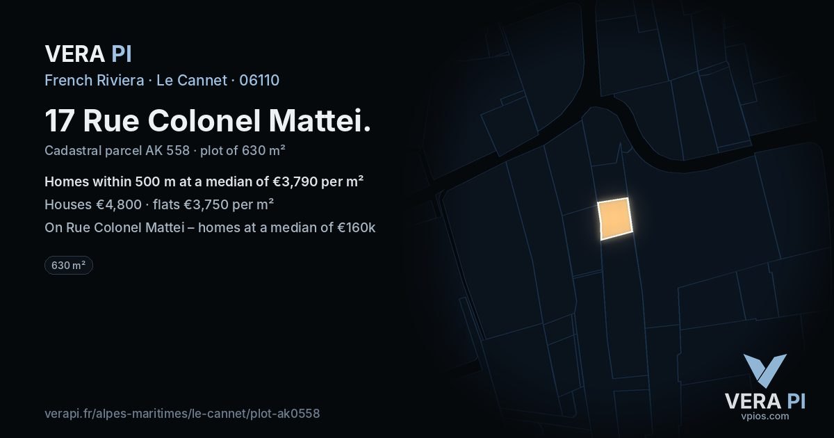17 Rue Colonel Mattei, Le Cannet at night – the plot lit, the parcels around coloured by the prices near them