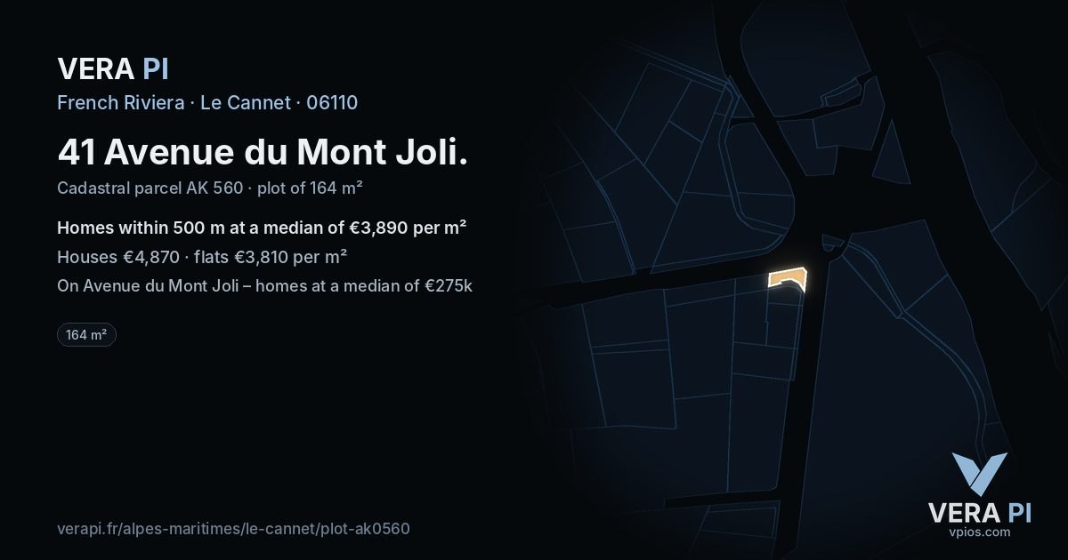 41 Avenue du Mont Joli, Le Cannet at night – the plot lit, the parcels around coloured by the prices near them