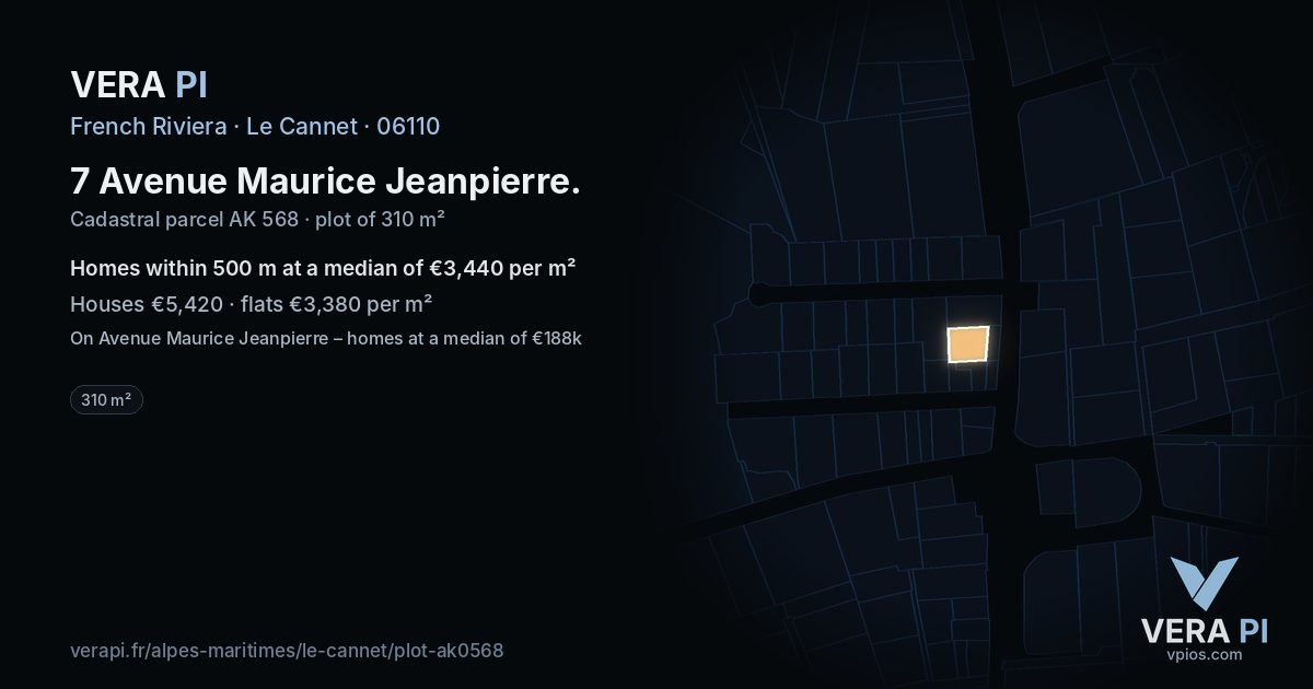 7 Avenue Maurice Jeanpierre, Le Cannet at night – the plot lit, the parcels around coloured by the prices near them