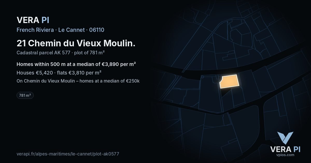 21 Chemin du Vieux Moulin, Le Cannet at night – the plot lit, the parcels around coloured by the prices near them