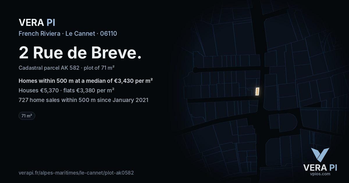 2 Rue de Breve, Le Cannet at night – the plot lit, the parcels around coloured by the prices near them
