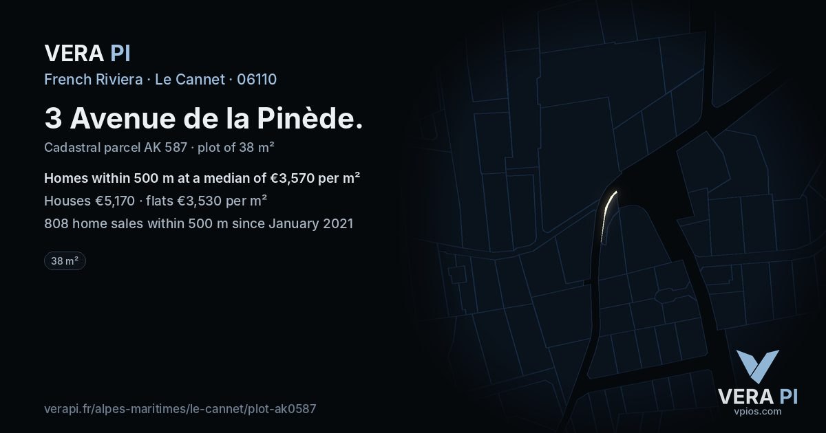 3 Avenue de la Pinède, Le Cannet at night – the plot lit, the parcels around coloured by the prices near them