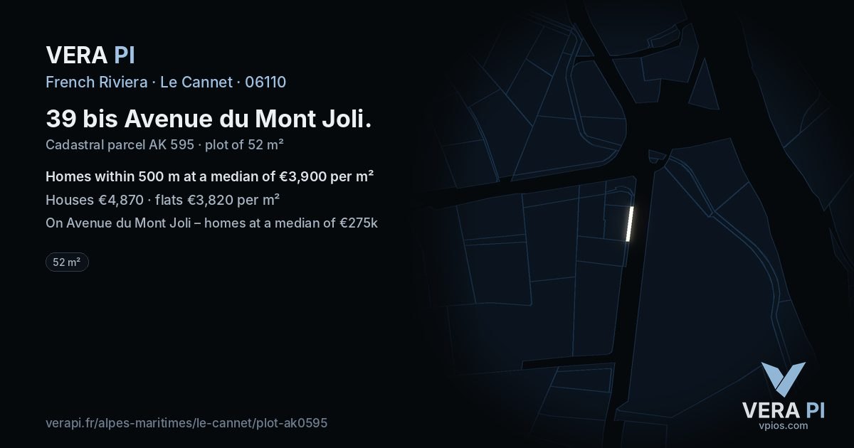 39 bis Avenue du Mont Joli, Le Cannet at night – the plot lit, the parcels around coloured by the prices near them